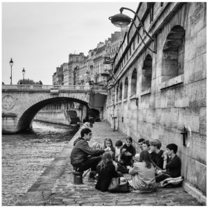 Students on Banks of Seine Black & White